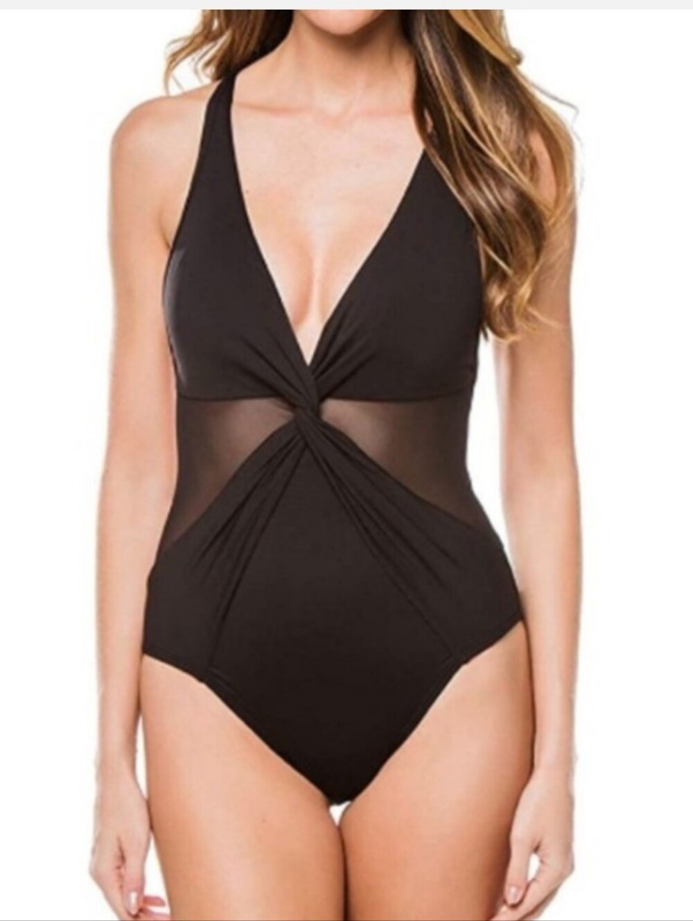 MICHAEL Michael Kors Black One Piece Swimsuit 8 Twist-Front Mesh Cutout Halter